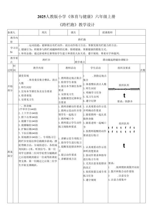 2025人教版小学《体育与健康》六年级上册《跨栏跑》教学设计教案（全）.docx