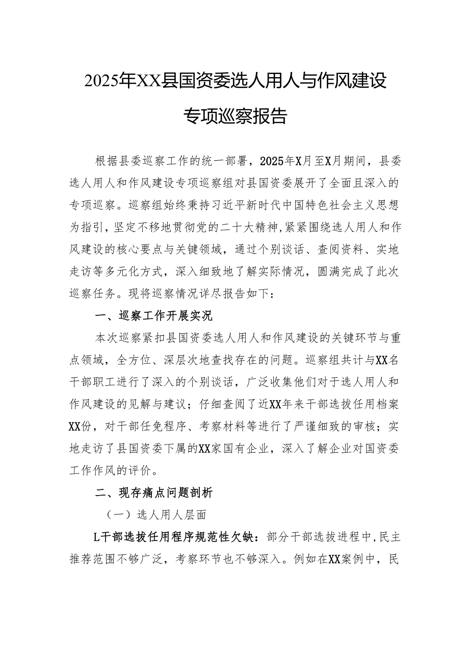 2025年县国资委选人用人与作风建设专项巡察报告.docx_第1页