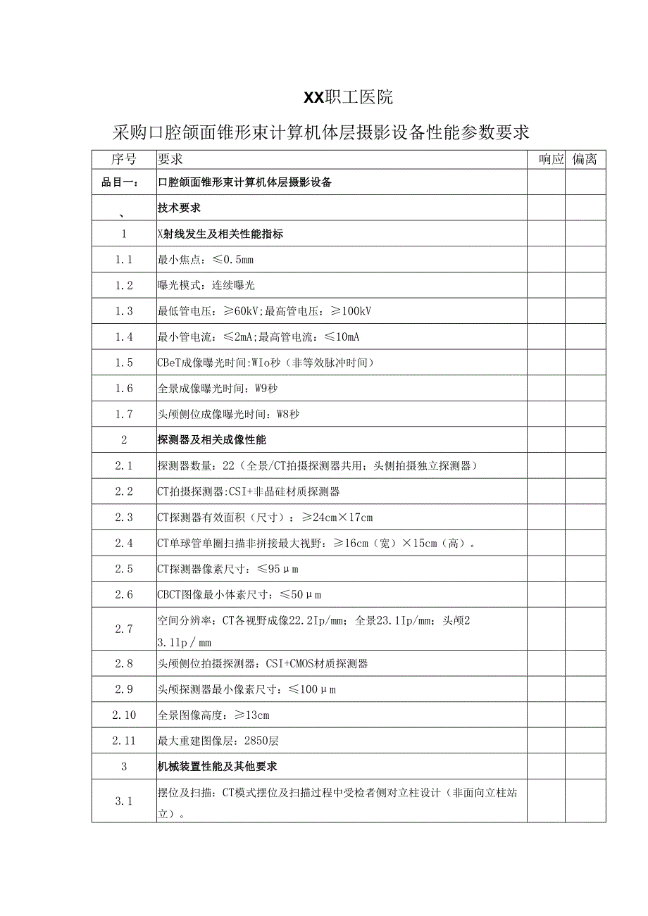 XX职工医院采购口腔颌面锥形束计算机体层摄影设备性能参数要求（2025年）.docx_第1页