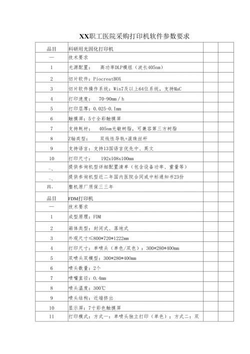 XX职工医院采购打印机软件参数要求（2025年）.docx