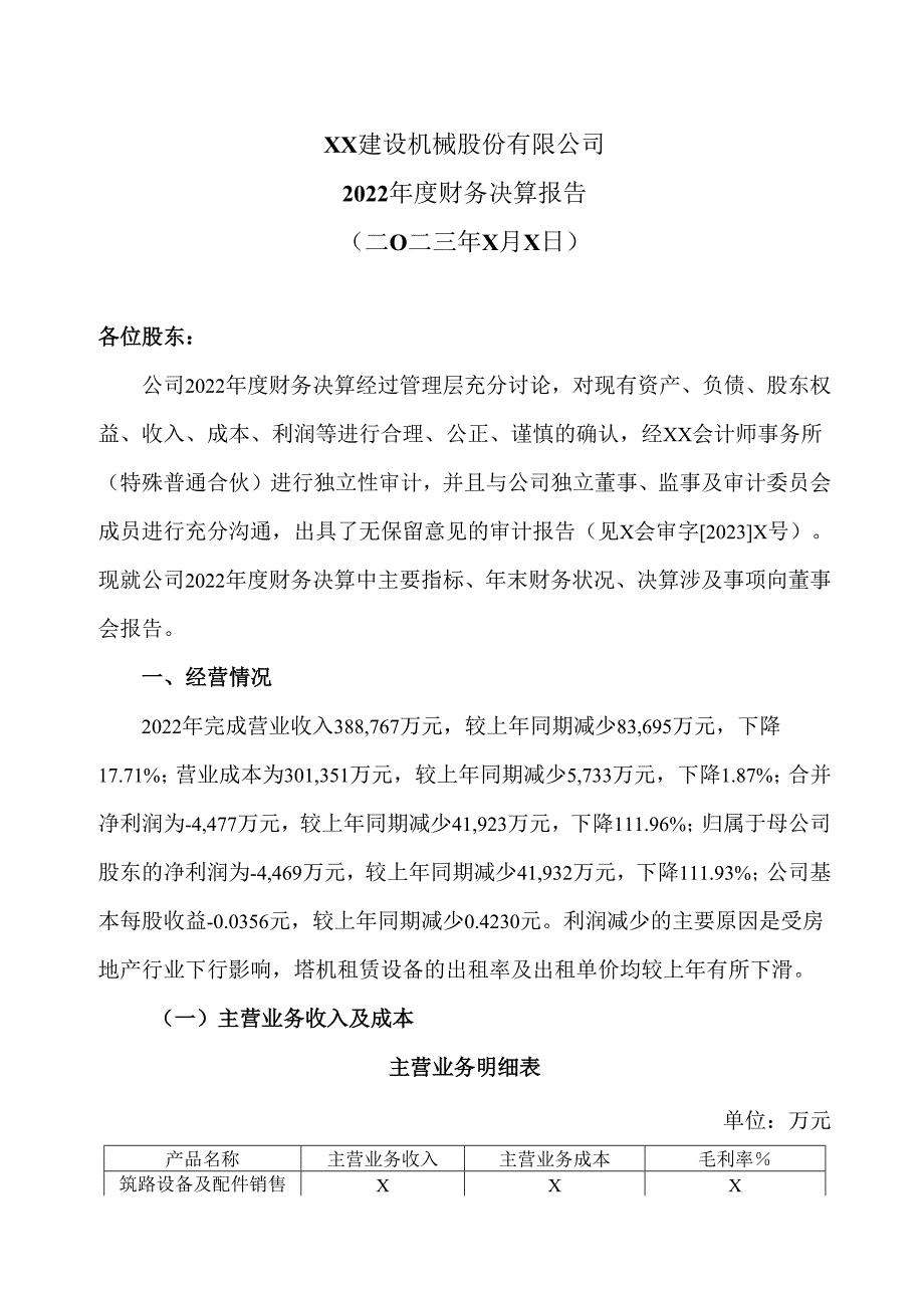 XX建设机械股份有限公司2022年度财务决算报告（2025年）.docx_第1页