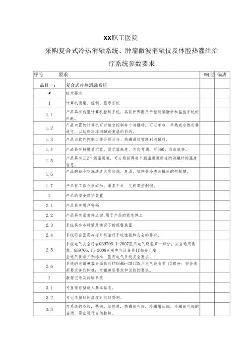 XX职工医院采购复合式冷热消融系统、肿瘤微波消融仪及体腔热灌注治疗系统参数要求（2025年）.docx