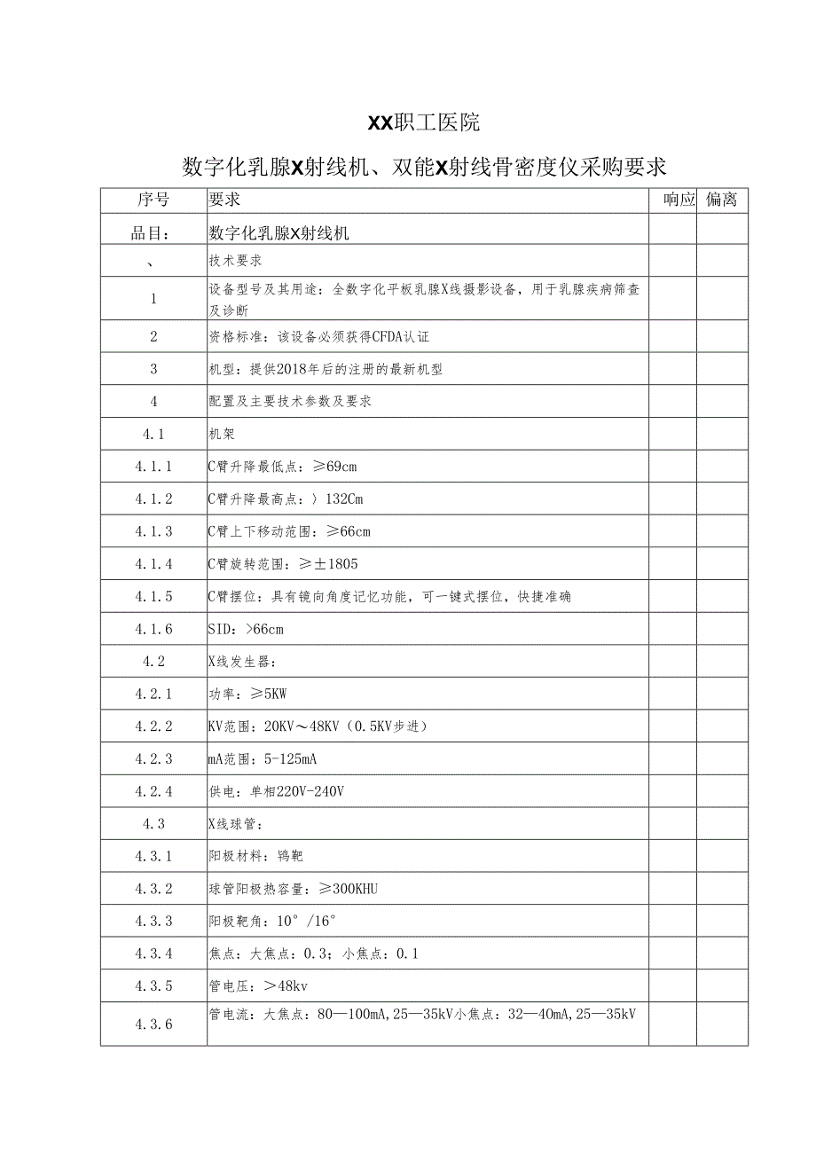XX职工医院数字化乳腺X射线机、双能X射线骨密度仪采购要求（2025年）.docx_第1页