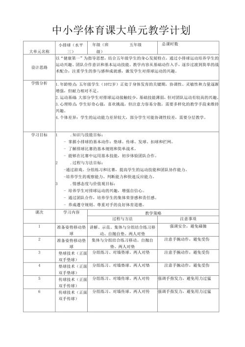 中小学体育课 小排球 大单元教学计划（表格式）.docx