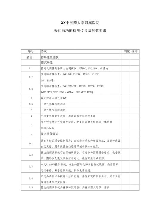 XX中医药大学附属医院采购肺功能检测仪设备参数要求（2025年）.docx
