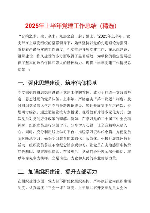 2025 年上半年党建工作总结（精选）.docx
