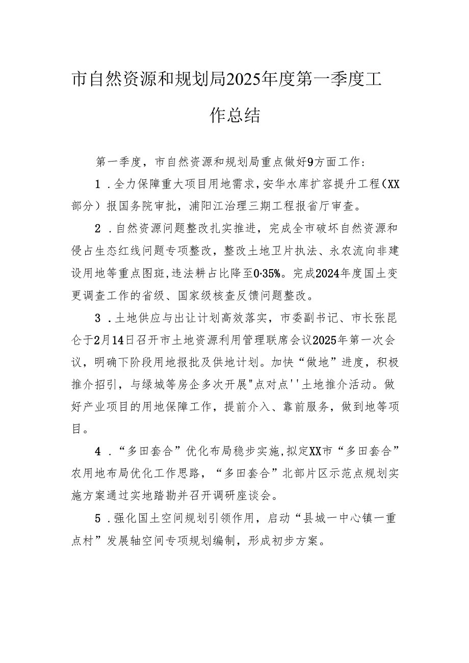 市自然资源和规划局2025年度第一季度工作总结.docx_第1页
