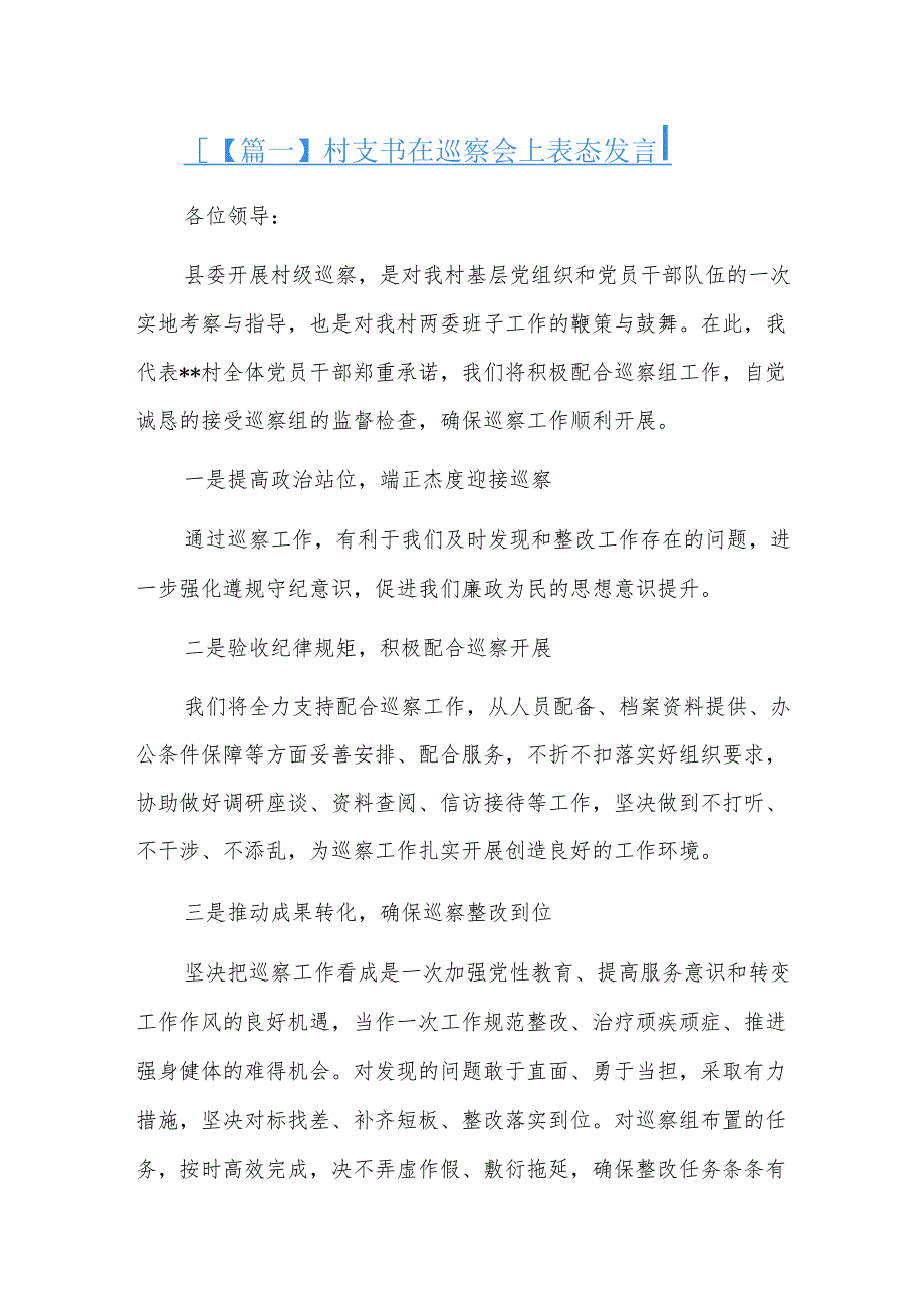 村支书在巡察会上表态发言三篇.docx_第1页