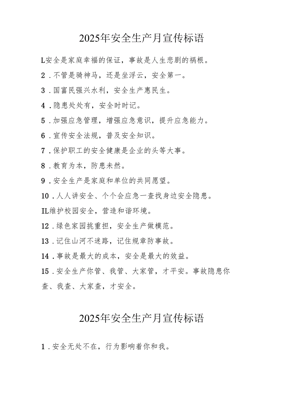 2025年全国安全生产月活动宣传标语 合计5份.docx_第2页
