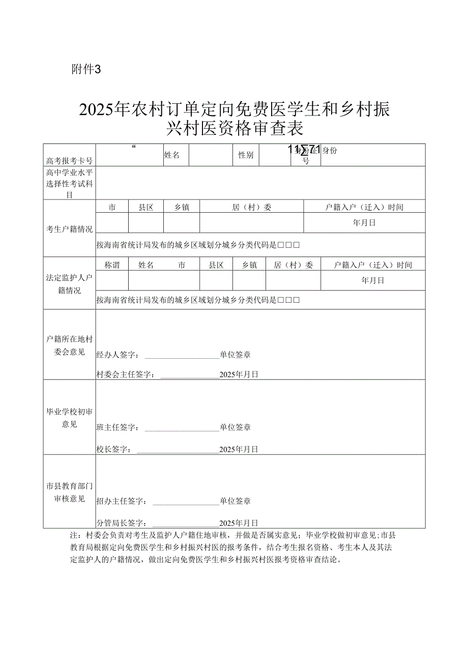 海南2025年农村订单定向免费医学生和乡村振兴村医资格审查表.docx_第1页