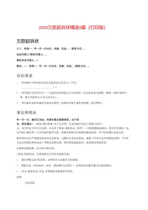 2025欠款起诉状精选5篇（打印版）.docx