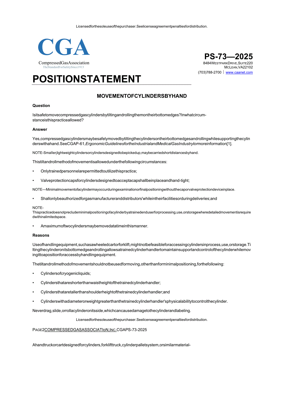 CGA PS-73 1ST ED (2025) CGA Position Statement on Movement of Cylinders by Hand.docx_第1页