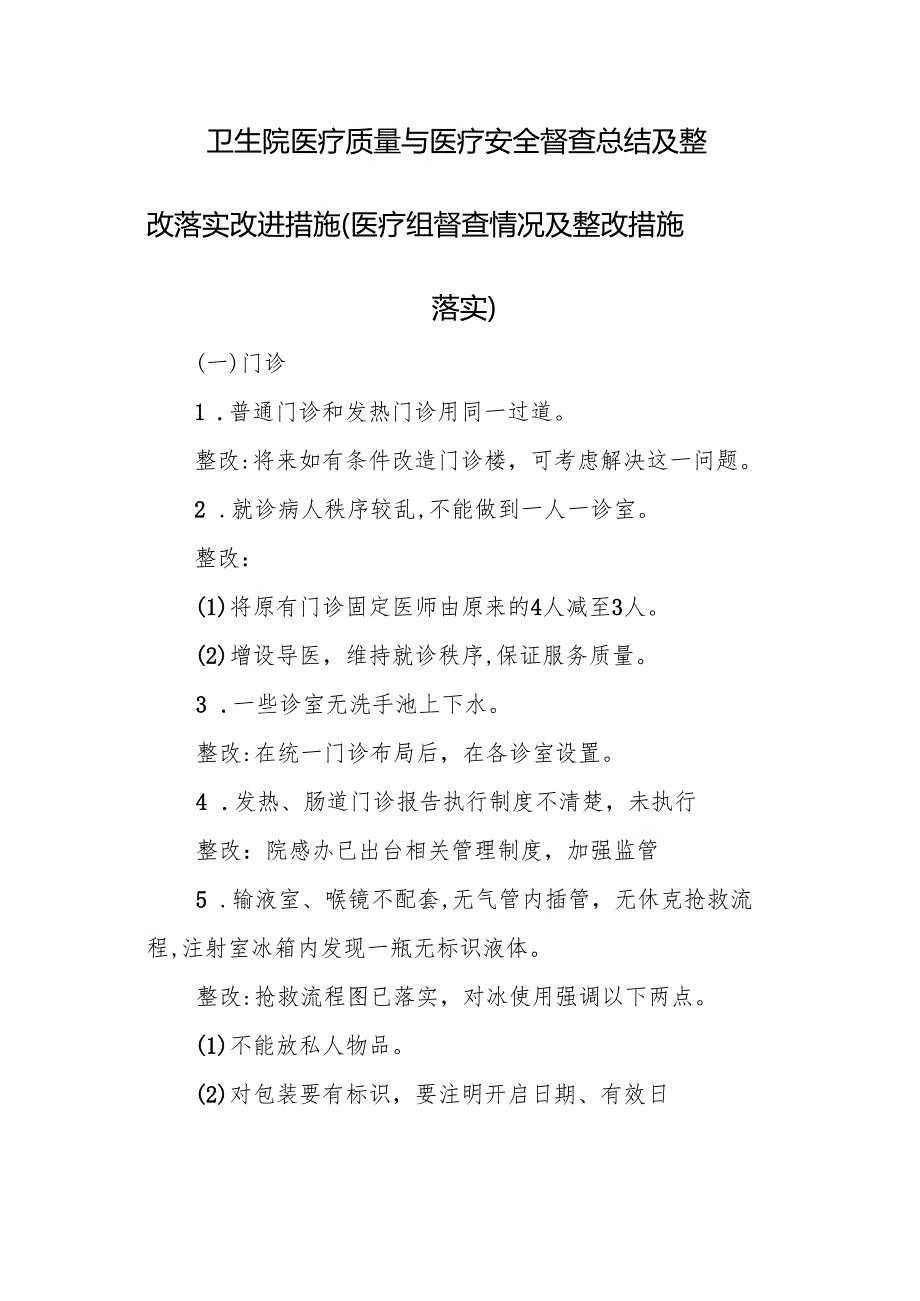 卫生院医疗质量与医疗安全督查总结及整改落实改进措施（医疗组督查情况及整改措施落实）.docx_第1页