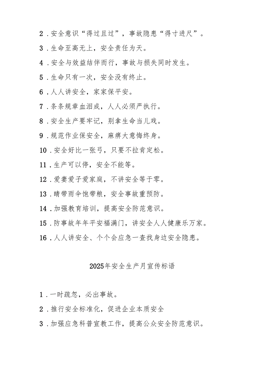 2025年全国《安全生产月》活动宣传标语 （汇编5份）.docx_第2页
