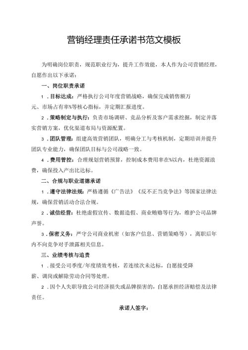 营销经理责任承诺书范文模板.docx