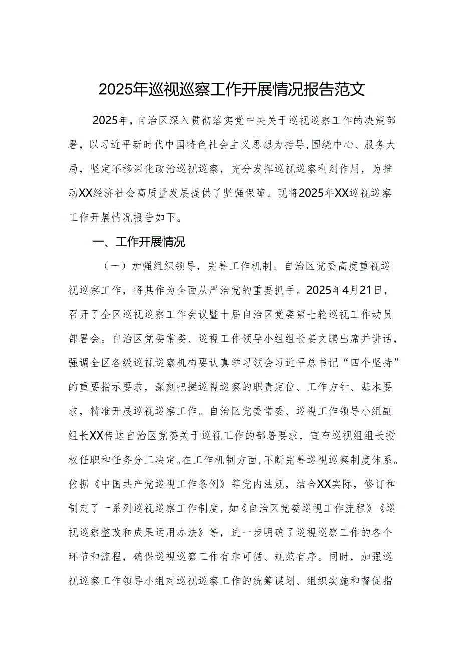 2025年巡视巡察工作开展情况报告范文.docx_第1页