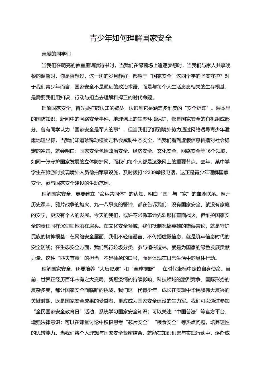 青少年如何理解国家安全演讲稿.docx_第1页