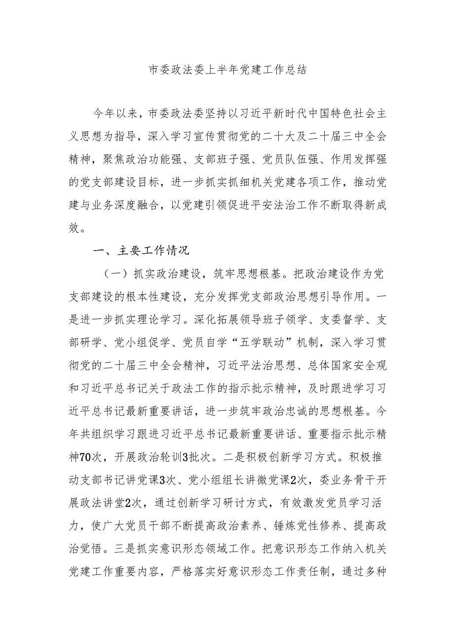 市委政法委2025上半年党建工作总结.docx_第1页