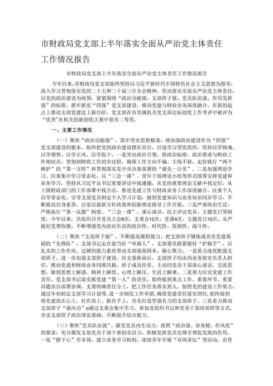 市财政局党支部上半年落实全面从严治党主体责任工作情况报告.docx_第1页