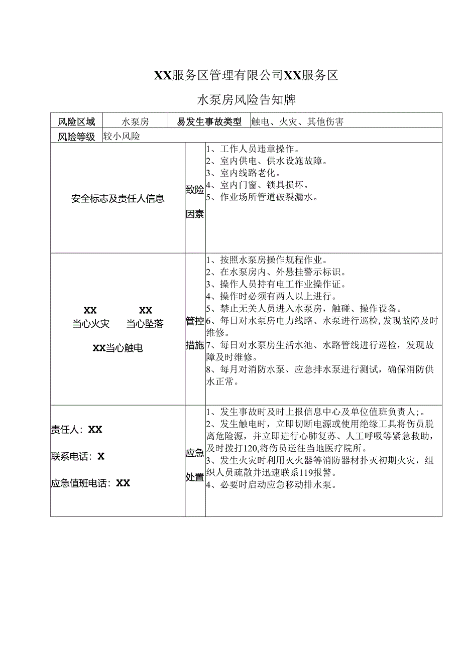 XX服务区管理有限公司XX服务区水泵房风险告知牌（2025年）.docx_第1页