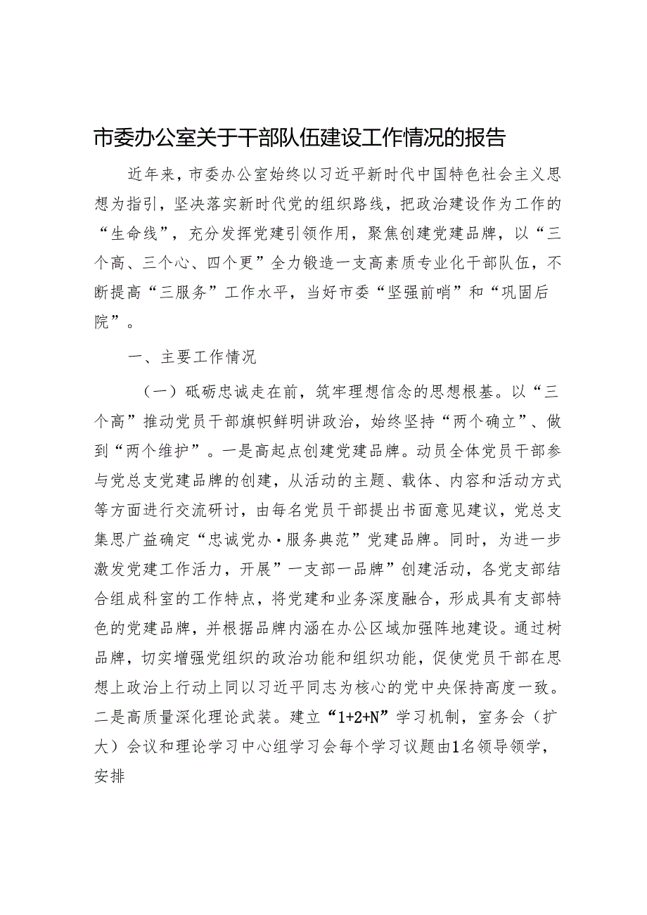 市委办公室关于干部队伍建设工作情况的报告.docx_第1页