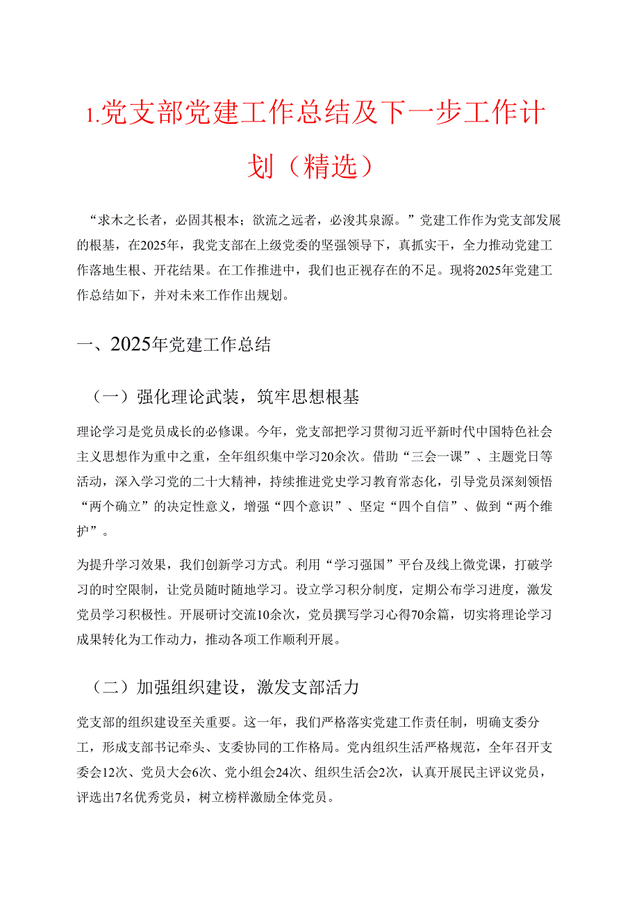 1.党支部党建工作总结及下一步工作计划（精选）.docx_第1页