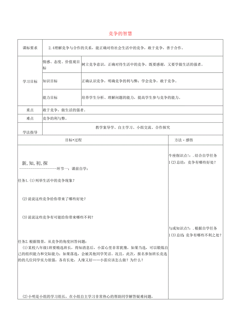 八年级道德与法治上册第三单元合奏好生活的乐章第6课竞争合作求双赢第1框竞争的智慧教学案鲁人版六三制.docx_第1页