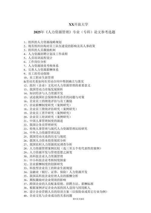 XX开放大学2025年《人力资源管理》专业（专科）论文参考选题（2025年）.docx