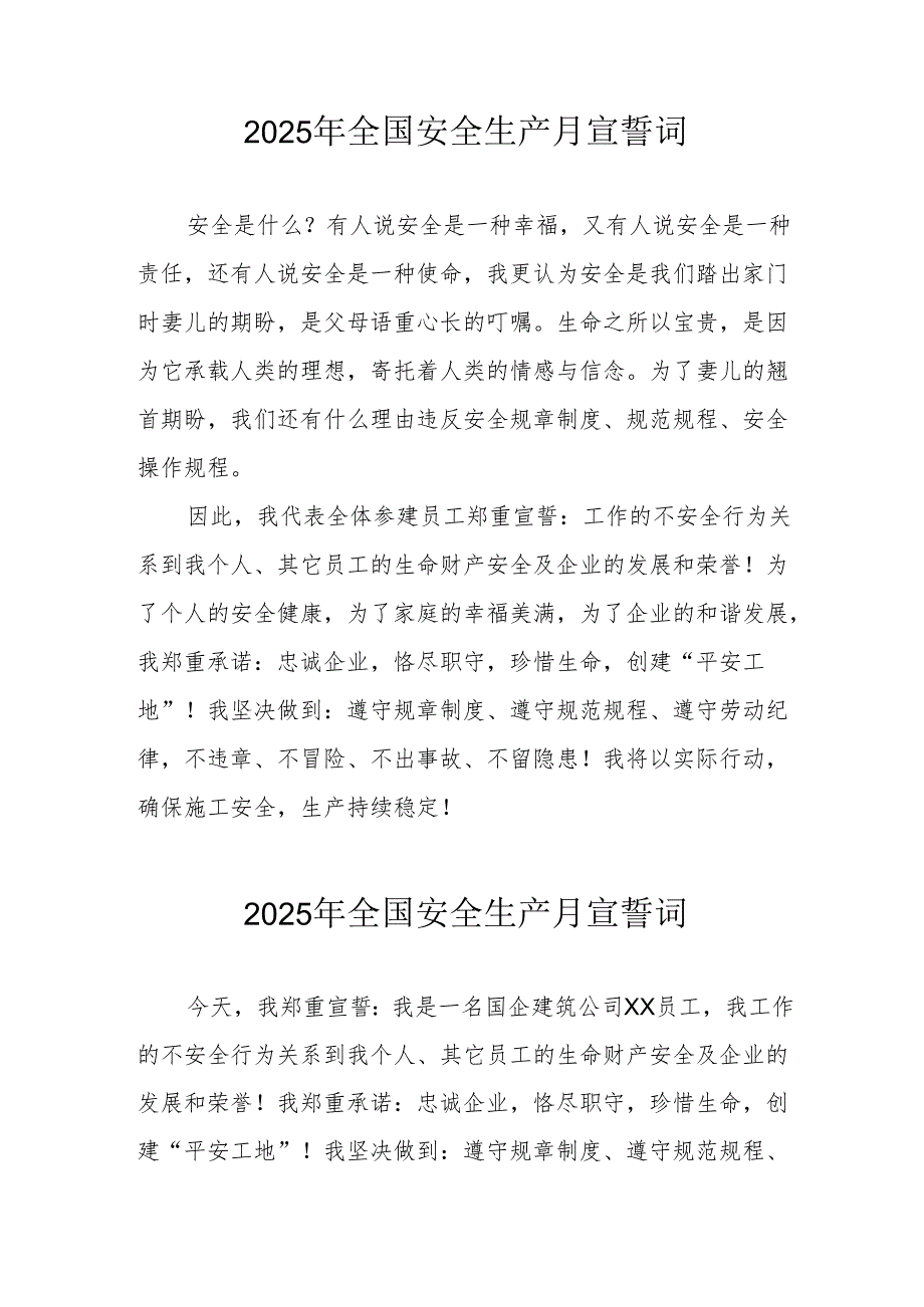 2025年全国《安全生产月》动员会宣誓词 （合计3份）.docx_第1页