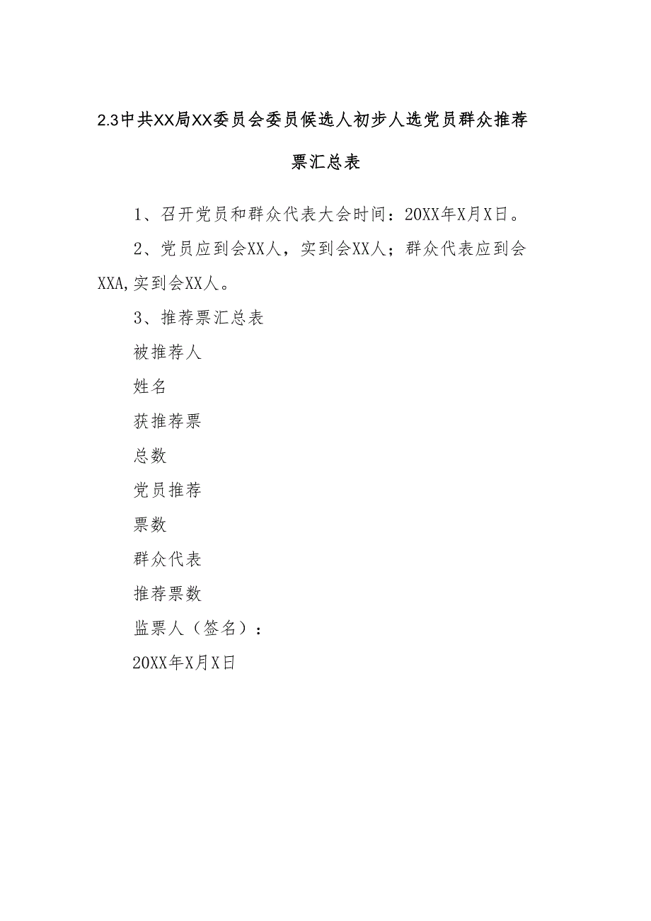 2.3中共XX局XX委员会委员候选人初步人选党员群众推荐票汇总表.docx_第1页