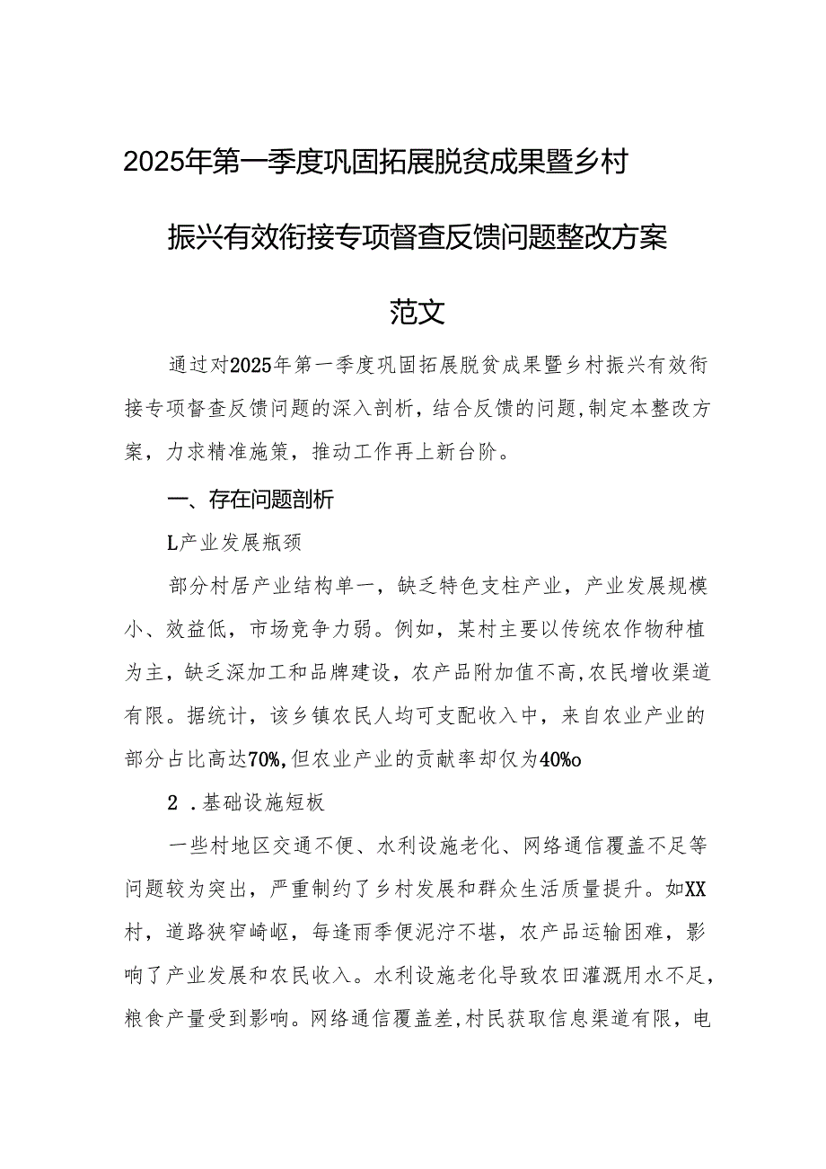 2025年第一季度巩固拓展脱贫成果暨乡村振兴有效衔接专项督查反馈问题整改方案范文.docx_第1页