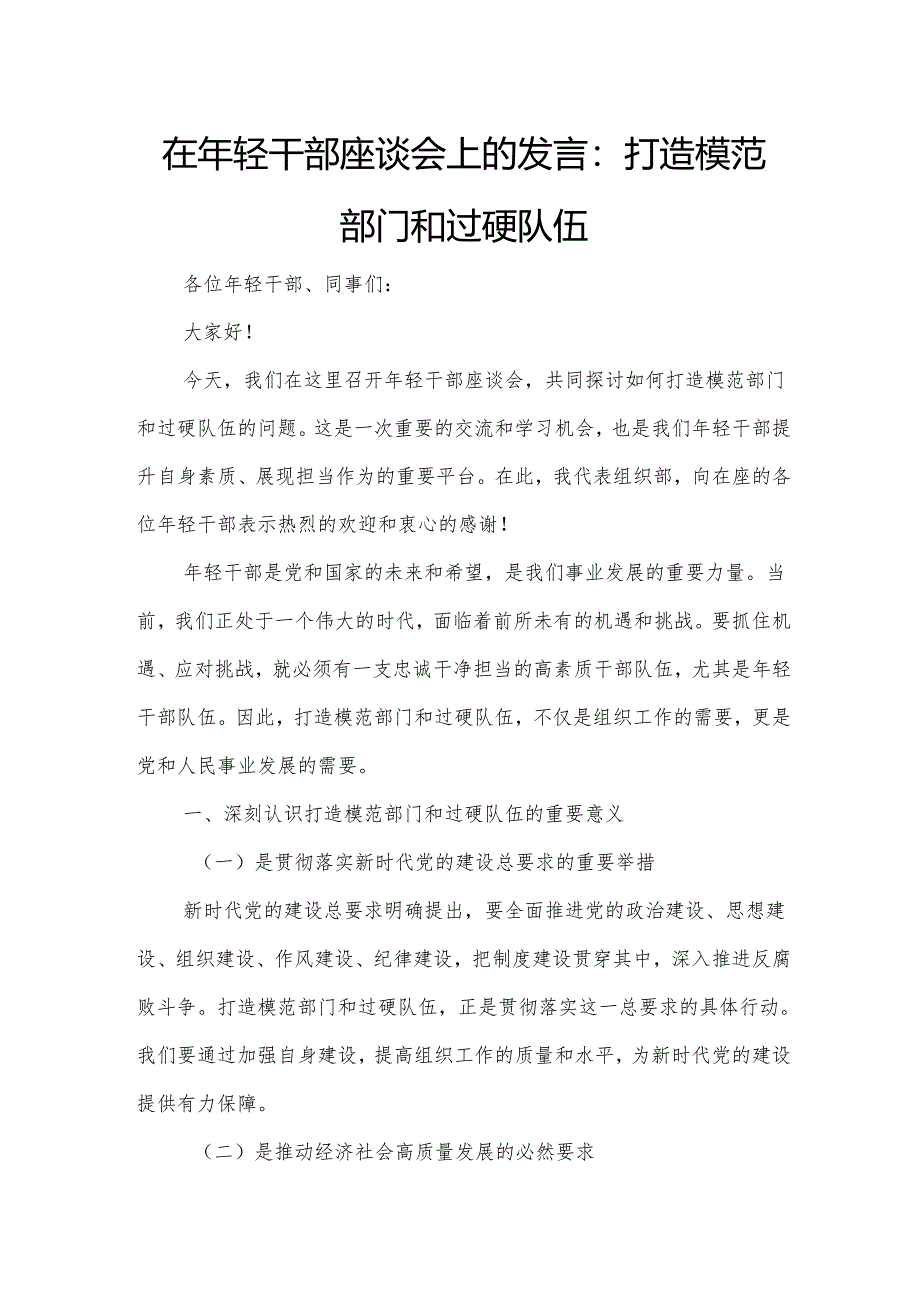 在年轻干部座谈会上的发言：打造模范部门和过硬队伍.docx_第1页
