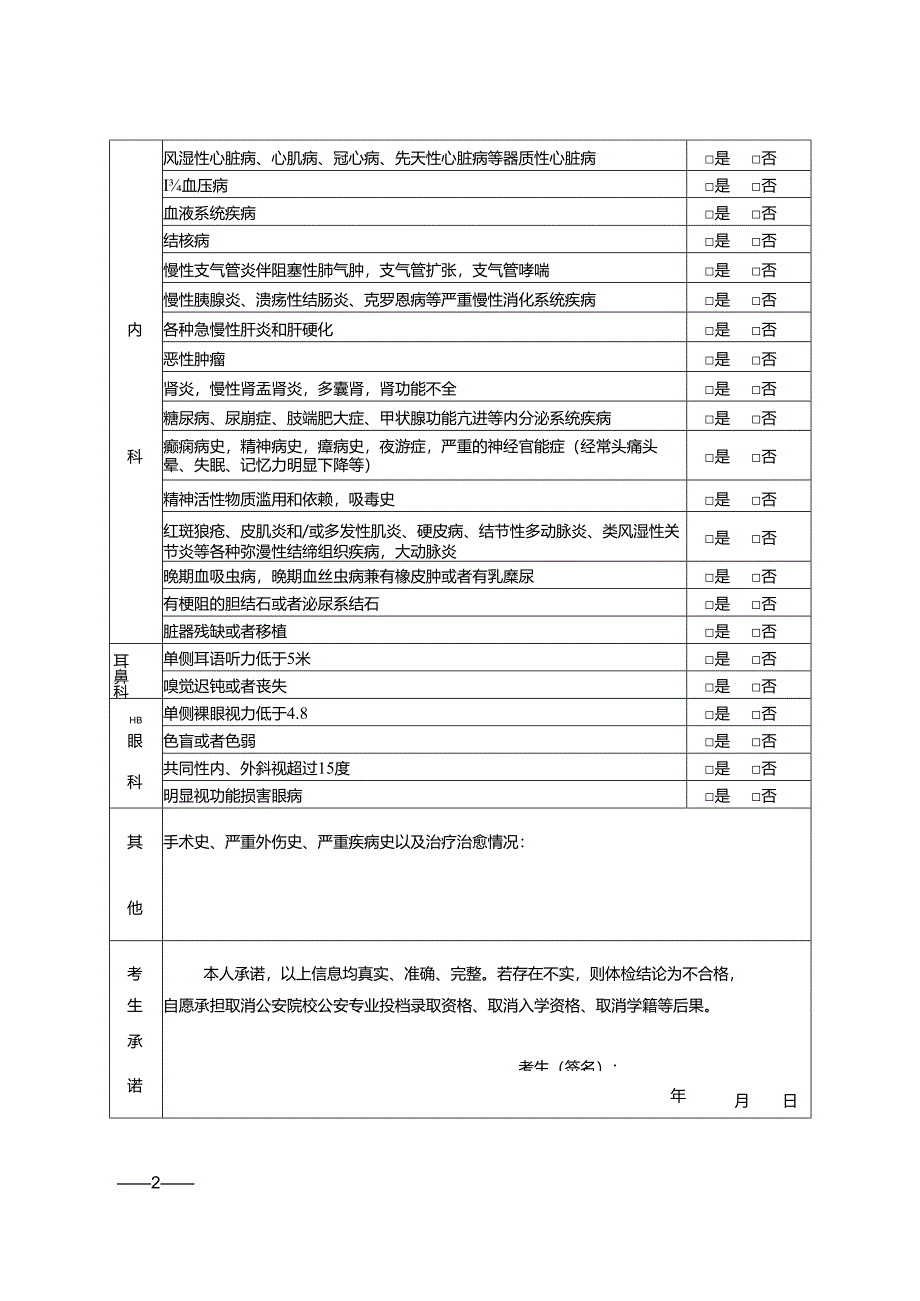 公安院校公安专业本专科招生考生患病经历申报表（2024年）.docx_第2页