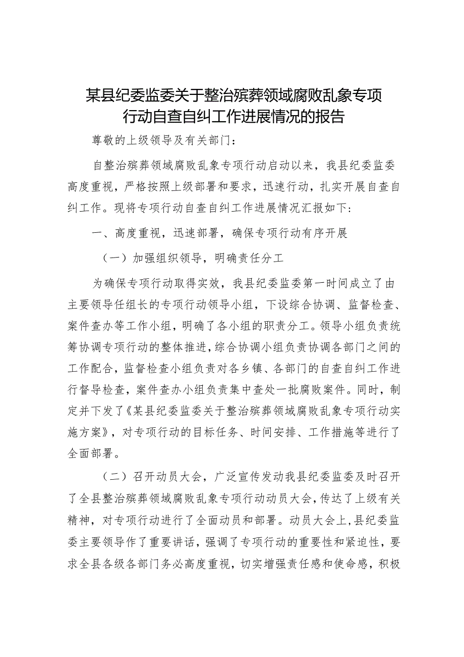 某县纪委监委关于整治殡葬领域腐败乱象专项行动自查自纠工作进展情况的报告.docx_第1页