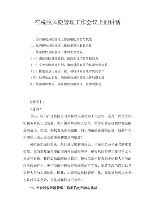 在税收风险管理工作会议上的 讲话.docx
