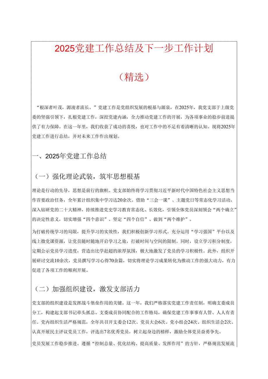 2025党建工作总结及下一步工作计划（精选）.docx_第1页
