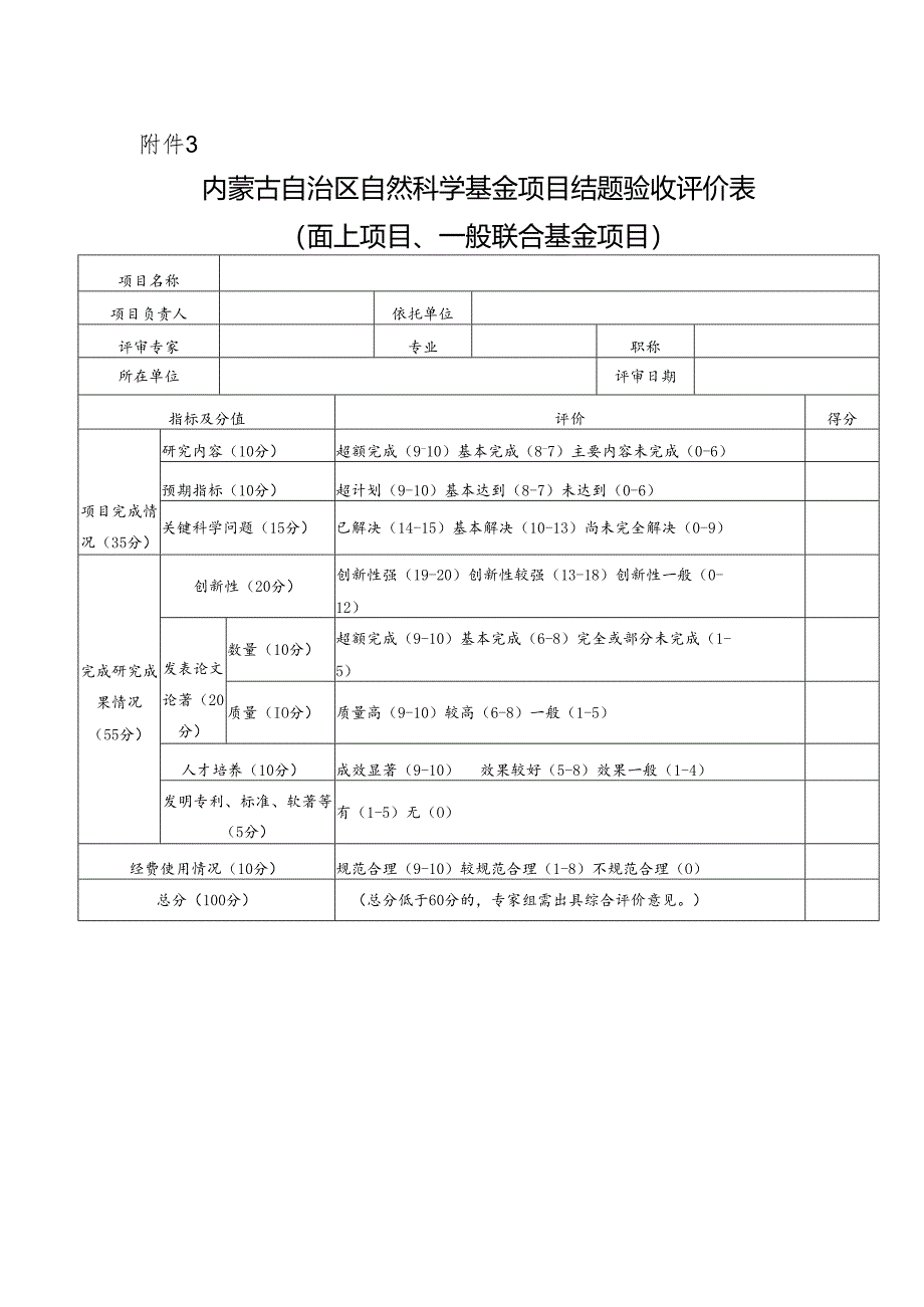 内蒙古自治区自然科学基金项目结题验收评价表、综合评价意见表.docx_第1页