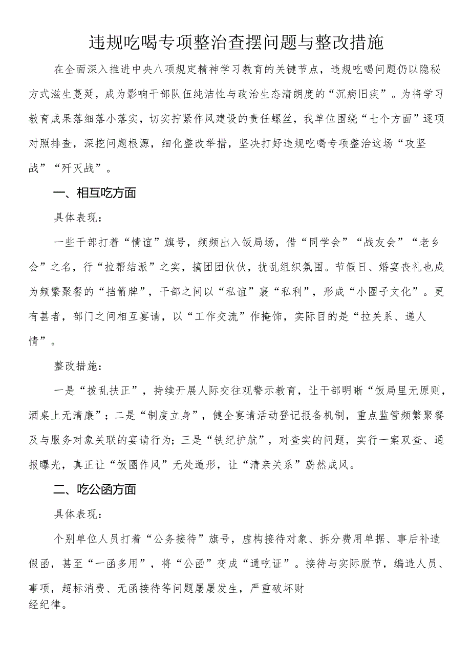 违规吃喝专项整治查摆问题与整改措施.docx_第1页