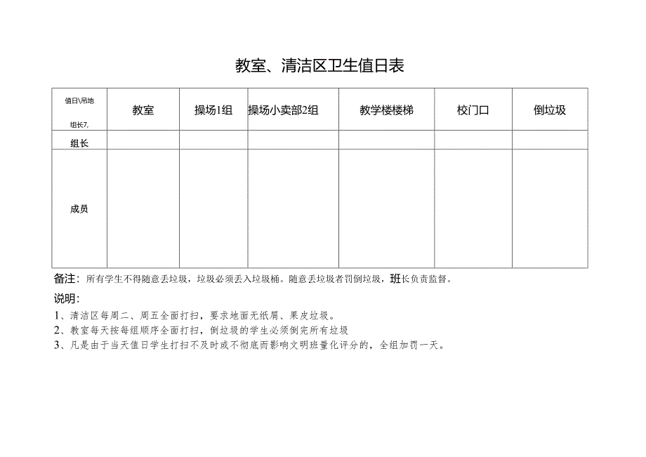 小学教室、清洁区卫生值日表.docx_第1页