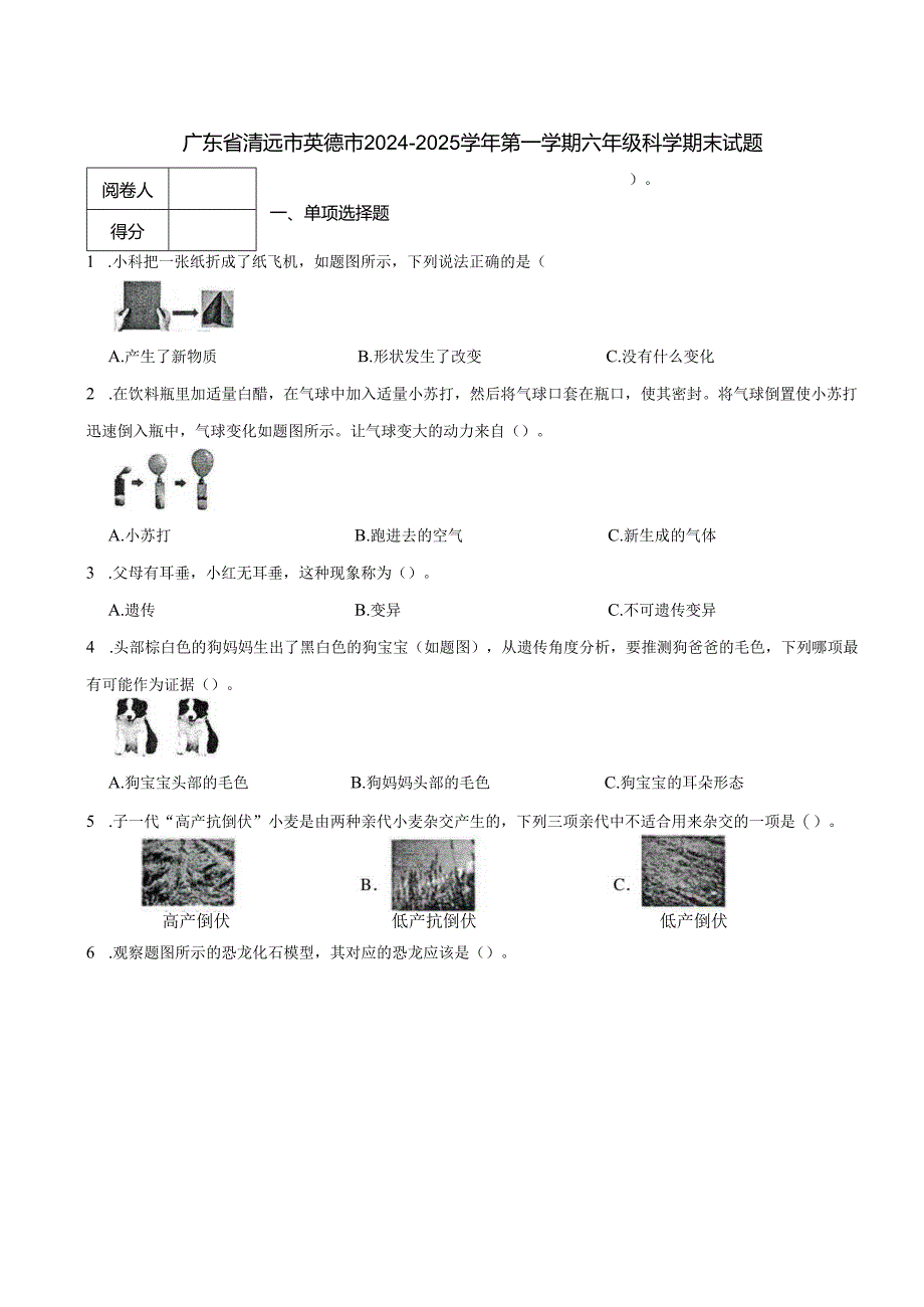 广东省清远市英德市2024-2025学年第一学期六年级科学期末试题.docx_第1页