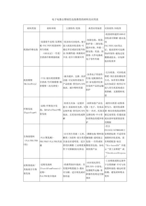 电子电器去塑绿色包装推荐的材料及应用表.docx