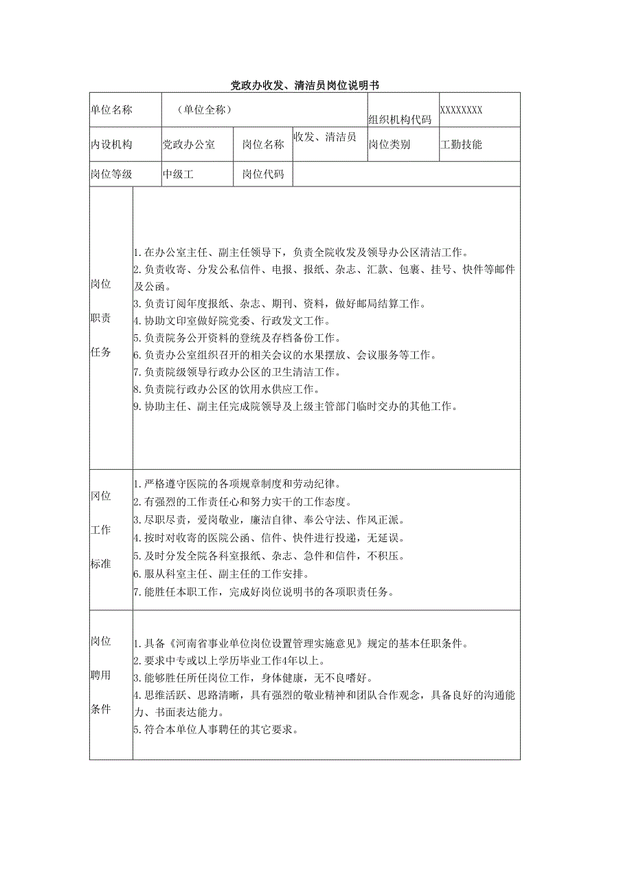 党政办收发、清洁员岗位说明书.docx_第1页