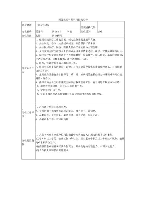 医务质控科科长岗位说明书.docx