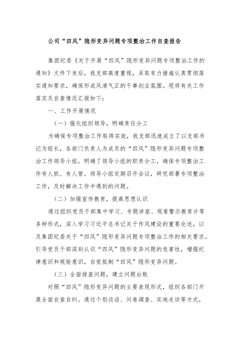 公司“四风”隐形变异问题专项整治工作自查报告.docx_第1页