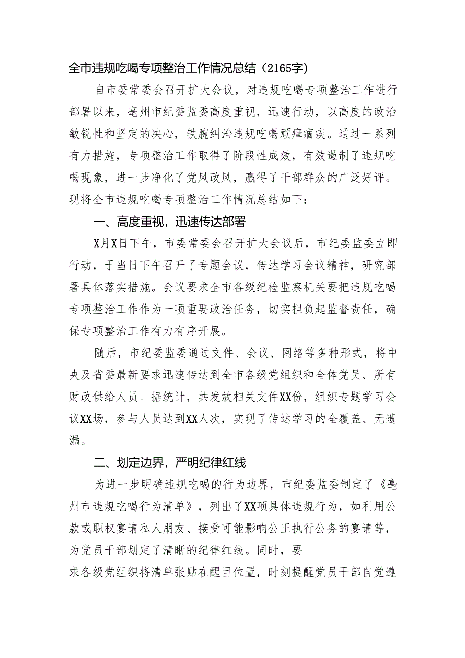 全市违规吃喝专项整治工作情况总结（2165字）.docx_第1页