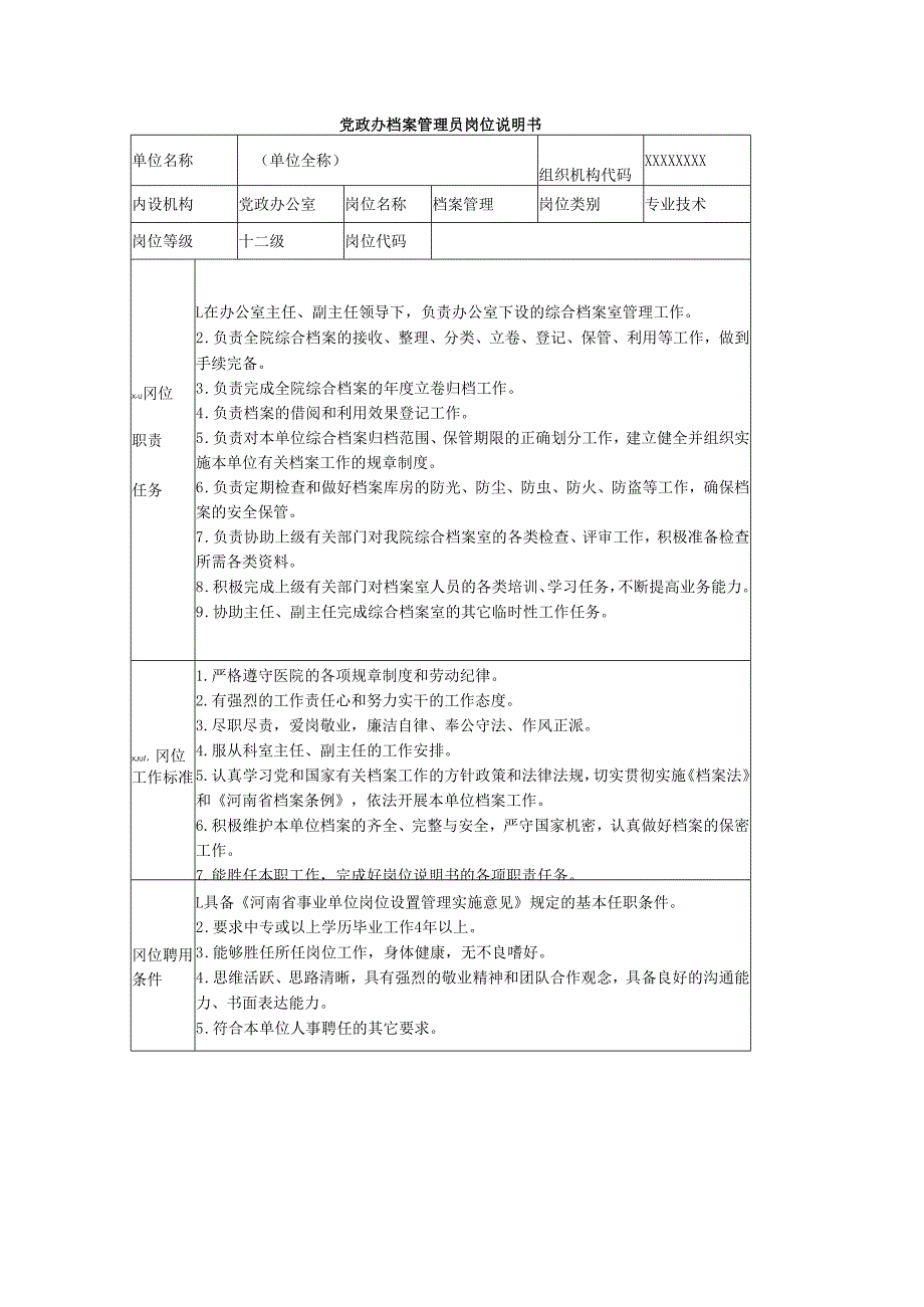 党政办档案管理员岗位说明书.docx_第1页