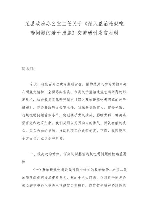 某县政府办公室主任关于《深入整治违规吃喝问题的若干措施》交流研讨发言材料.docx