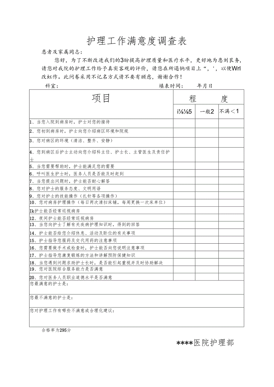 医院护理工作满意度调查表.docx_第1页