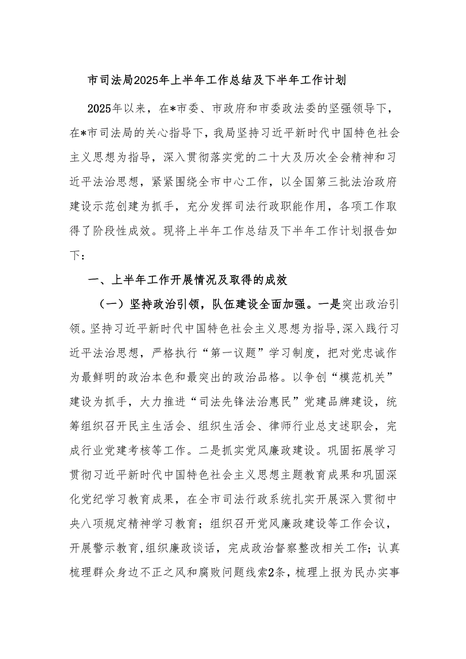 市司法局2025年上半年工作总结及下半年工作计划.docx_第1页