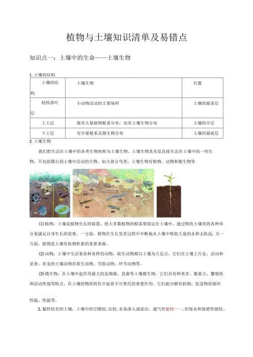2025浙教版八年级科学下册第四章植物与土壤知识清单及易错点.docx